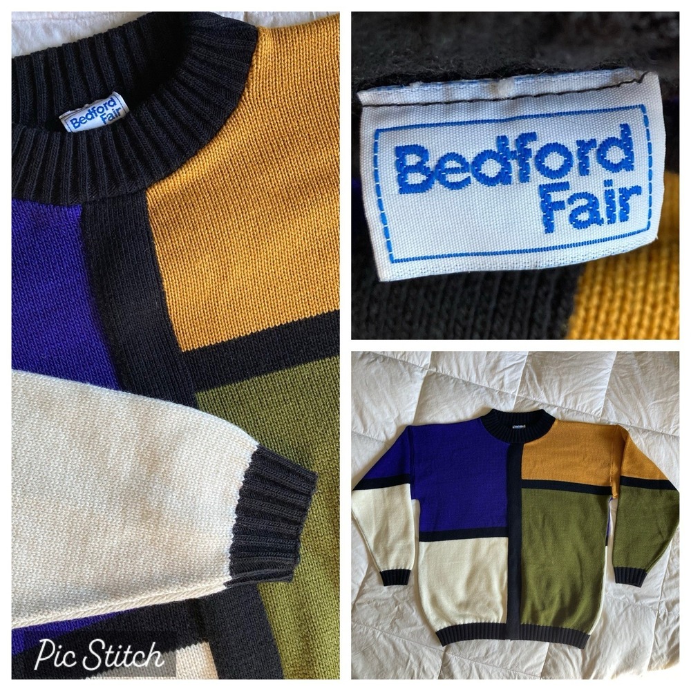 Vtg Bedford Fair Colorblock Sweater Women L 80s 90s Maximalism Bold Geo Mod EUC